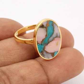 Top Quality 925 Solid Sterling Silver Fine Jewelry Ring for Women Mohave Pink Opal Copper Turquoise 12x16mm Oval Bezel Setting