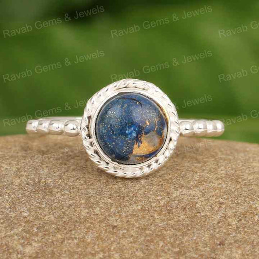 Top Selling Natural Lapis Lazuli Copper Round Shape 10mm Solid 925 Sterling Silver Unique Twisted Band Ring for Women Handmade