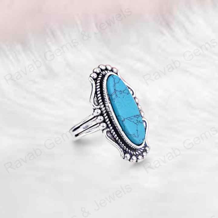 Solid 925 Sterling Silver Blue Tibetan Texture Turquoise Long Oval 10x30mm Handmade Ring for Women Fine Handmade Jewelry