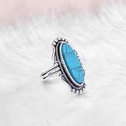 Solid 925 Sterling Silver Blue Tibetan Texture Turquoise Long Oval 10x30mm Handmade Ring for Women Fine Handmade Jewelry