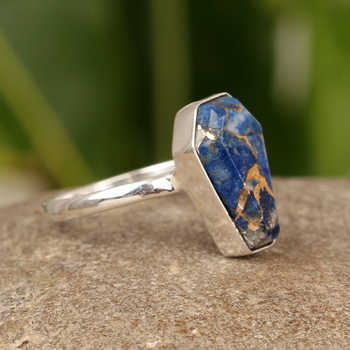Top Quality Handmade 925 Sterling Silver Mens Womens Ring Blue Copper Lapis Lazuli Coffin Shape Bezel Setting Genuine Fine