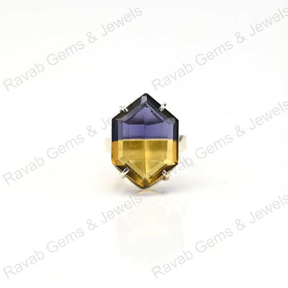 New Arrival Solid 925 Sterling Silver Ametrine Quartz Bio Color Hexagon Prong Setting Ring for Women Fine Handmade Jewelry
