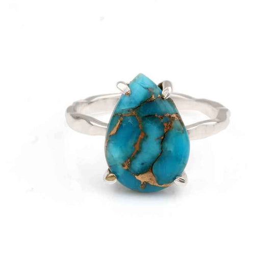 Hot Selling 925 Sterling Silver Women's Designer Band Ring Genuine Mohave Blue Copper Turquoise Gemstone 10x14mm Pear Fine