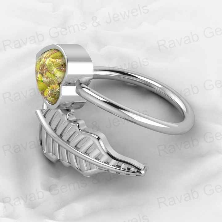 New Arrival 18K Gold Plated Genuine 8mm Heart 925 Silver Peridot Copper Turquoise Adjustable Leaf Design Ring for Women Jewelry