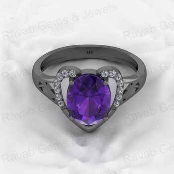 Hot Selling 8x10mm Oval Amethyst Solid 925 Sterling Silver Heart-Shaped Prong Ring for Women Fine Anniversary Ring