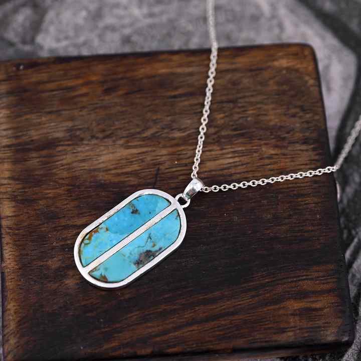 Handmade Solid 925 Silver 16x27mm Arizona Turquoise Gemstone Bezel Rectangle Bar Pendant Vintage Navajo Fine Jewelry For Men's