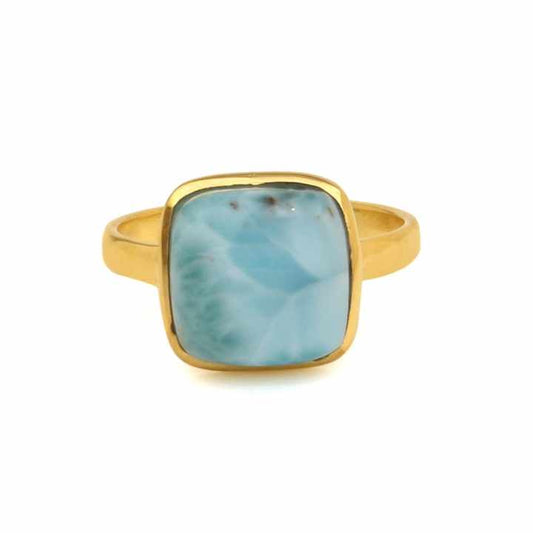 Handmade 12mm Larimar Gemstone Bezel Ring Simple Cushion Stone Design 18K Gold Plated Silver Beautiful Fine Jewelry for Women