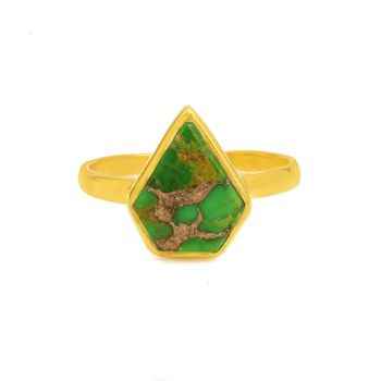 Top Selling 18K Gold Plated Sterling Silver Ring 9x15mm Mohave Green Copper Turquoise Stone Fancy Shape for Women