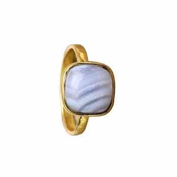 10mm Natural Blue Lace Agate Gemstone Cushion Ring High Quality 18K Gold Plated Bezel Setting Fine Genuine Silver Her Ring