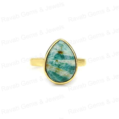 Top Quality Solid 925 Sterling Silver Natural Amazonite Smooth Cabochon 10x14mm Bezel Setting 18k Gold Filled Ring for Women