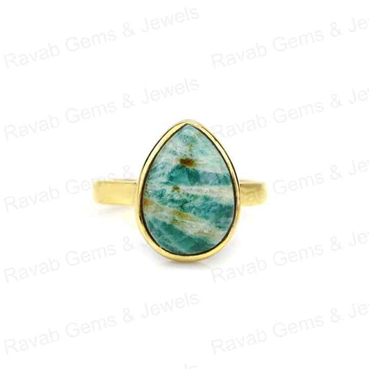 Top Quality Solid 925 Sterling Silver Natural Amazonite Smooth Cabochon 10x14mm Bezel Setting 18k Gold Filled Ring for Women