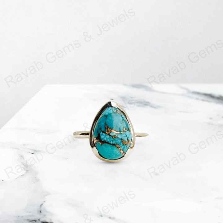 Top Quality Solid 925 Sterling Silver Natural Blue Copper Turquoise Pear 10x14mm Gemstone Bezel Setting Ring for Women Jewelry