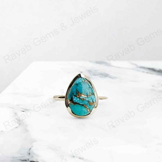 Top Quality Solid 925 Sterling Silver Natural Blue Copper Turquoise Pear 10x14mm Gemstone Bezel Setting Ring for Women Jewelry