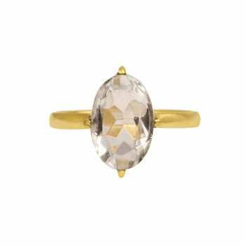 Custom Dainty 925 Sterling Silver Women's Ring 10x14mm Clear Quartz Faceted Oval Rose Cut Gemstone Unique Gold Plated Fine