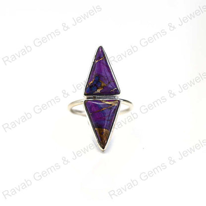 Best Quality Solid 925 Sterling Silver Purple Copper Turquoise Tringle Shape Bezel Setting Ring for Women Fine Handmade Jewelry