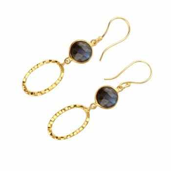 Best Quality Solid 925 Sterling Silver Genuine Labradorite 8mm Round Rose Cut 18k Gold Plated Drop Dangle Earring for Women