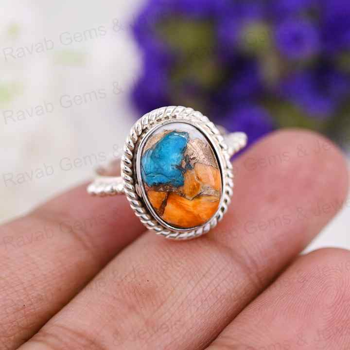 Best Selling 10x14mm Spiny Oyster Copper Turquoise Gemstone Bezel Real Sterling Silver Handmade Boho Dainty Oval Ring for Women