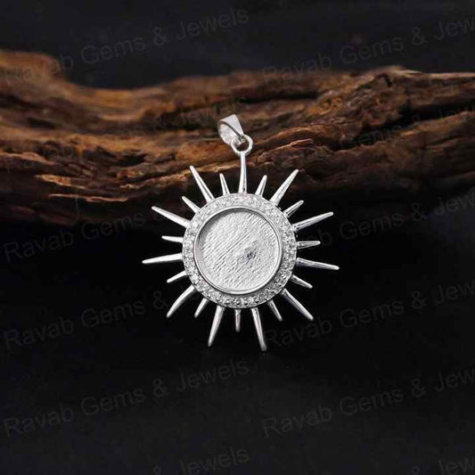 High Quality 925 Silver 10mm Round Sunburst With Pave Zircon Blank Bezel Base Charm Pendant Setting Breastmilk Keepsake Jewelry