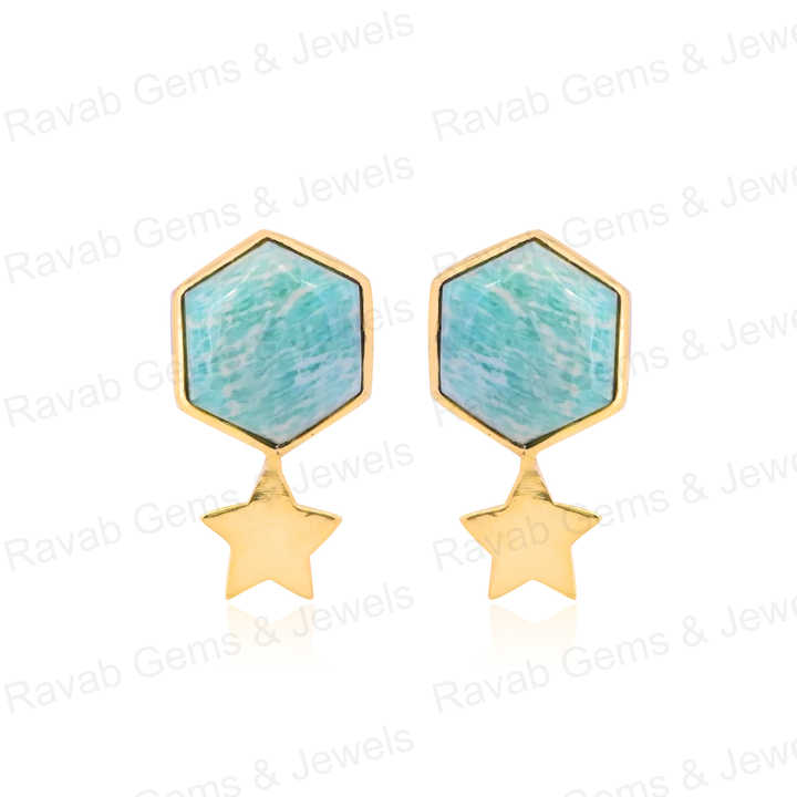 Beautiful 12mm Amazonite Hexagon Gemstone With Star Handmade Solid 925 Silver 18k Gold Drop Drizzle Earring Fine Jewelry For Her