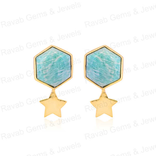 Beautiful 12mm Amazonite Hexagon Gemstone With Star Handmade Solid 925 Silver 18k Gold Drop Drizzle Earring Fine Jewelry For Her