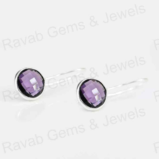 Top Quality Solid 925 Sterling Silver Amethyst Quartz 10mm Round Checker Cut Dangle Drop Earring for Women Fine Handmade Jewelry