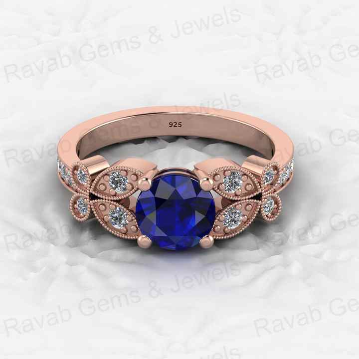 Beautiful Genuine 925 Silver Round Cut Blue Sapphire Quartz With CZ Gold Vermeil Eternity Prong Women Designer Ring Fine Jewelry
