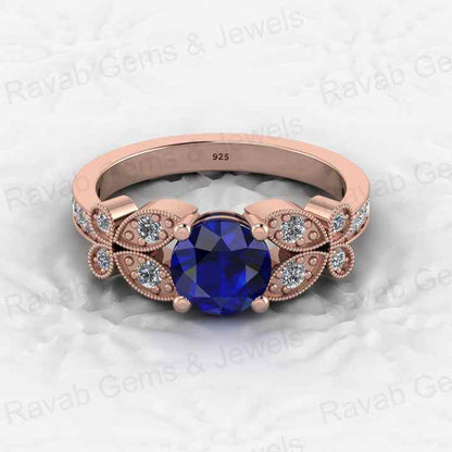 Beautiful Genuine 925 Silver Round Cut Blue Sapphire Quartz With CZ Gold Vermeil Eternity Prong Women Designer Ring Fine Jewelry