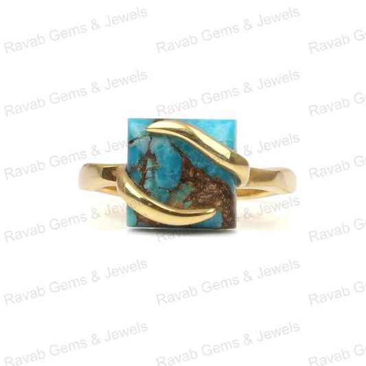 Top Selling 12mm Mohave Blue Copper Turquoise Gemstone Genuine 925 Silver Textured Top Band Dainty Square Shape Ring for Women