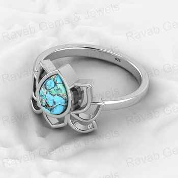 Best Selling 18K Gold Plated Genuine 6x8mm 925 Silver Blue Copper Turquoise Lotus Flower Ring for Women Fine Jewelry