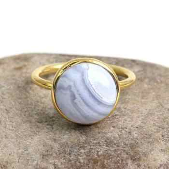 Solid 925 Sterling Silver 18K Gold Plated Handmade Fine Ring for Women With Natural Blue Lace Agate Round 10mm Bezel Setting