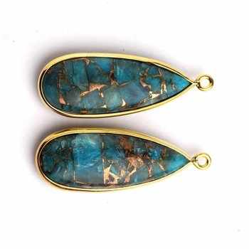10x25 MM Natural Blue Copper Turquoise Long Pear Shape 925 Sterling Silver Gold Plated Fine Pendants & Charms Necklace Making