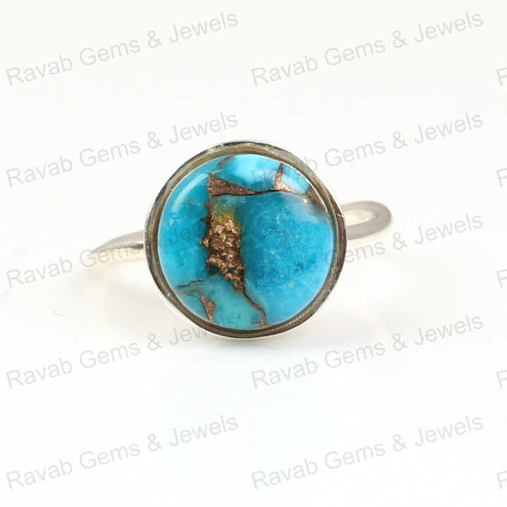 Top Selling 12mm Mohave Blue Copper Turquoise Gemstone Bezel Real 925 Silver Handmade Boho Dainty Round Wave Band Ring for Women