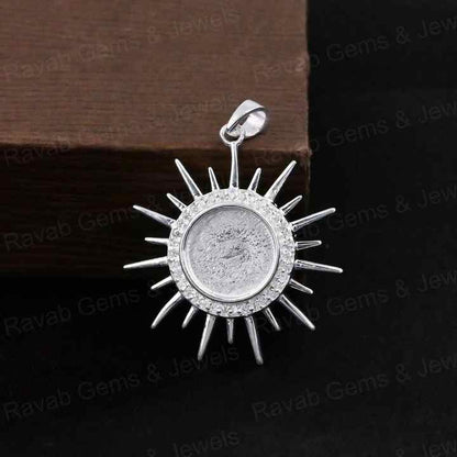 High Quality 925 Silver 10mm Round Sunburst With Pave Zircon Blank Bezel Base Charm Pendant Setting Breastmilk Keepsake Jewelry