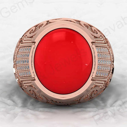Best Quality Solid 925 Sterling Silver 13x15mm Red Coral Oval Shape Turkish Artisan Designer Ring for Men Ottoman Signet Jewelry