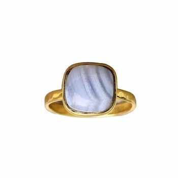 10mm Natural Blue Lace Agate Gemstone Cushion Ring High Quality 18K Gold Plated Bezel Setting Fine Genuine Silver Her Ring