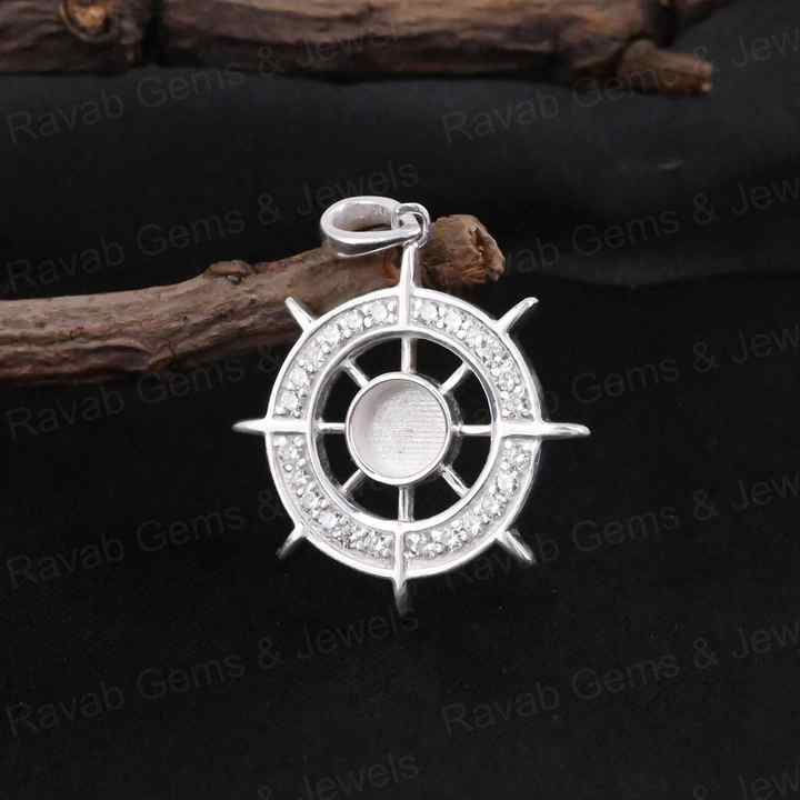 Best Quality 925 Silver 5mm Ocean Helm Ship Wheel Try Zircon Semi Mount Blank Charm Pendant for DIY Jewelry Findings Components