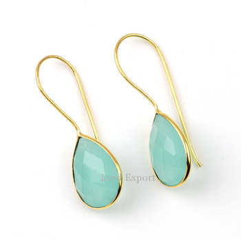 Best Selling Handmade 925 Sterling Silver Dangle Earrings Trending Aqua Chalcedony Pear Shape Gemstone Gold Plated Fine Dangle