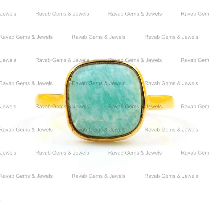 Best Quality 12mm Cushion Bezel Shape Ring for Women Solid 925 Sterling Silver 18k Gold Plating Natural Amazonite Fine Jewelry