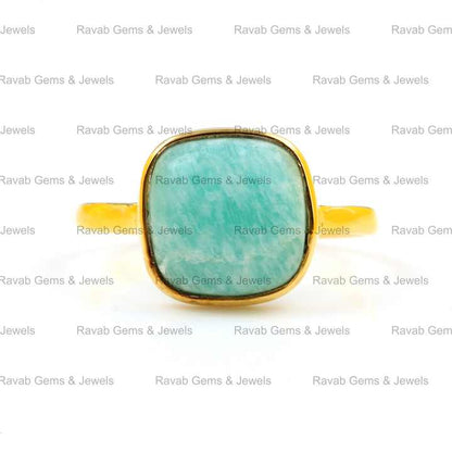 Best Quality 12mm Cushion Bezel Shape Ring for Women Solid 925 Sterling Silver 18k Gold Plating Natural Amazonite Fine Jewelry