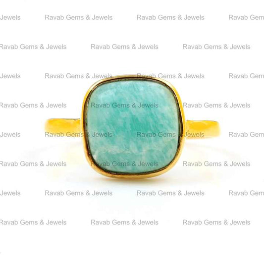 Best Quality 12mm Cushion Bezel Shape Ring for Women Solid 925 Sterling Silver 18k Gold Plating Natural Amazonite Fine Jewelry