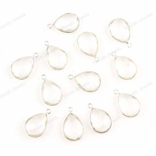 Top Findings Supplier Natural Clear Crystal Quartz Pear Gemstone 92.5 Sterling Silver Bezel Pendant Connector Charms for Jewelry