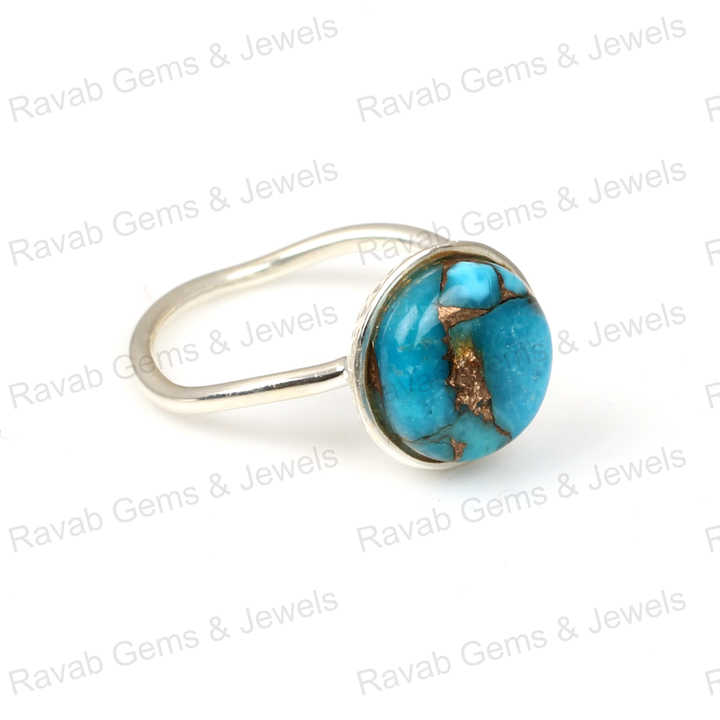 Top Selling 12mm Mohave Blue Copper Turquoise Gemstone Bezel Real 925 Silver Handmade Boho Dainty Round Wave Band Ring for Women