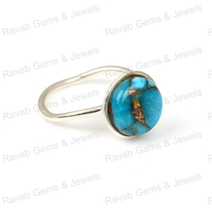 Top Selling 12mm Mohave Blue Copper Turquoise Gemstone Bezel Real 925 Silver Handmade Boho Dainty Round Wave Band Ring for Women