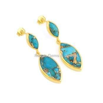 Best Selling Women's Fine Stud Earrings Natural Blue Cooper Turquoise Gemstone Waterproof 18k Gold & Sterling Silver Plated