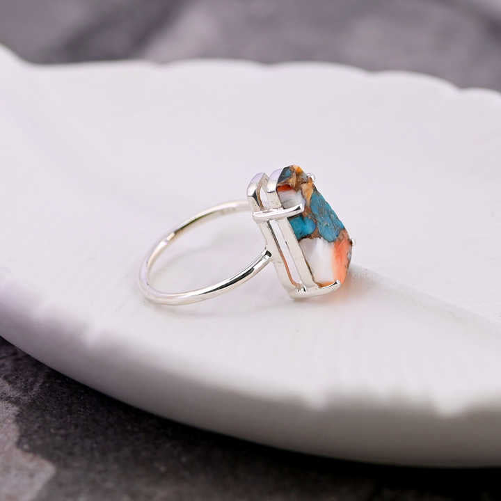Top Selling 10x17mm Mohave Mix Oyster Copper Turquoise Stone 925 Silver Handmade Coffin Shape Bezel Ring Fine Jewelry For Women