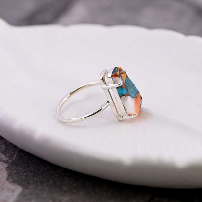 Top Selling 10x17mm Mohave Mix Oyster Copper Turquoise Stone 925 Silver Handmade Coffin Shape Bezel Ring Fine Jewelry For Women