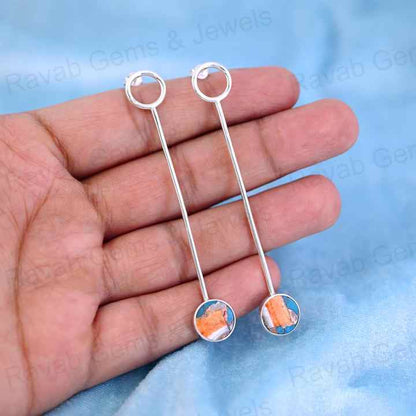 Beautiful Handmade 925 Silver 10mm Coin Mohave Spiny Oyster Copper Turquoise Stone Long Dangle Fine Jewelry Earrings for Women