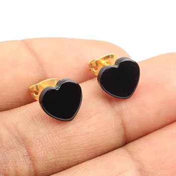 Beautiful Natural Black Onyx Gemstone Heart Shape 925 Sterling Silver Gold Plated Stud Earrings Pair Design for Women