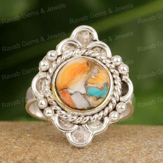 Hot Selling 12mm Oval Shape Handmade Women's Ring Genuine Mix Spiny Oyster Turquoise Set Solid 925 Sterling Silver Bezel Fine