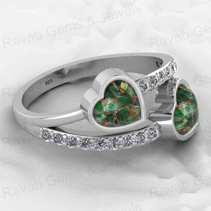 Best Selling Genuine 925 Silver Mohave Peridot Copper Gemstone With CZ Bezel Double Band Couple Heart Ring for Valentine Jewelry